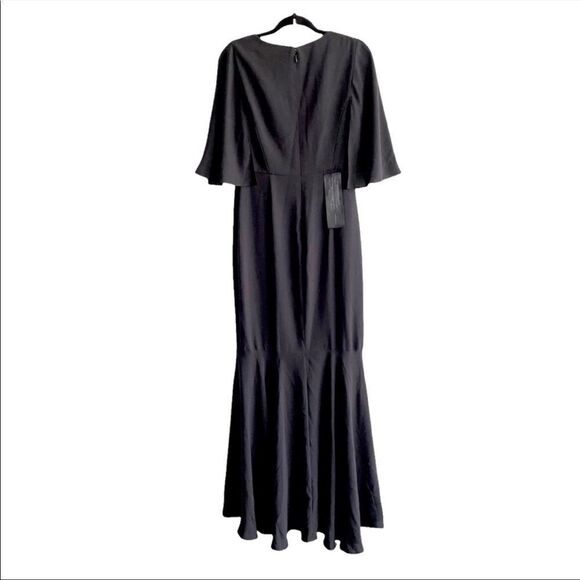 BCBGMAXAZRIA Cape Sleeve V-Neck Asymmetrical Ruffle Maxi Dress Gown Black 10 - Picture 5 of 6